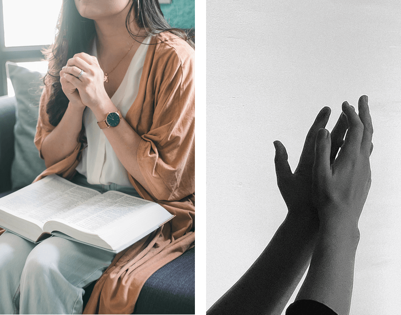 A woman sitting in front of an open bible.